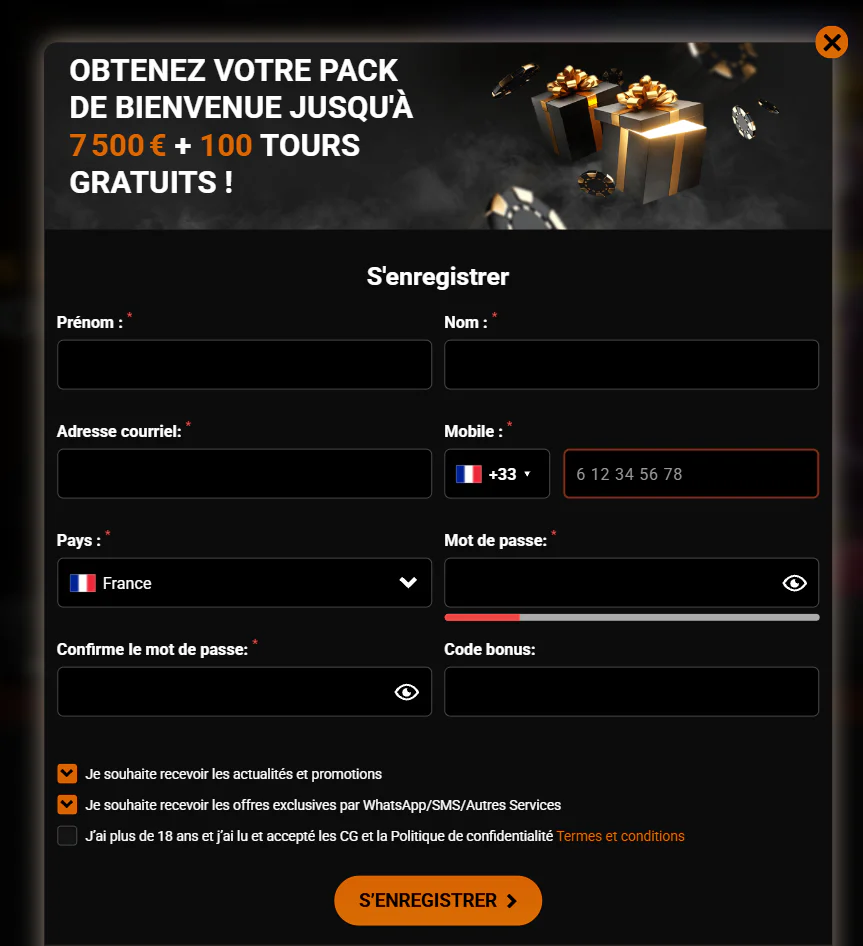 Casino Intense formulaire d'inscription avec bonus de bienvenue jusqu'à 7 500 € et 100 tours gratuits, champs de données personnelles, mot de passe et code bonus