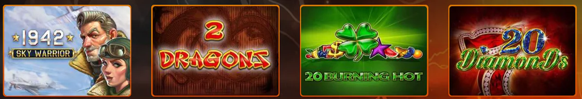 Casino Intense sélection de machines à sous avec 1942 Sky Warrior, 2 Dragons, 20 Burning Hot et 20 Diamonds